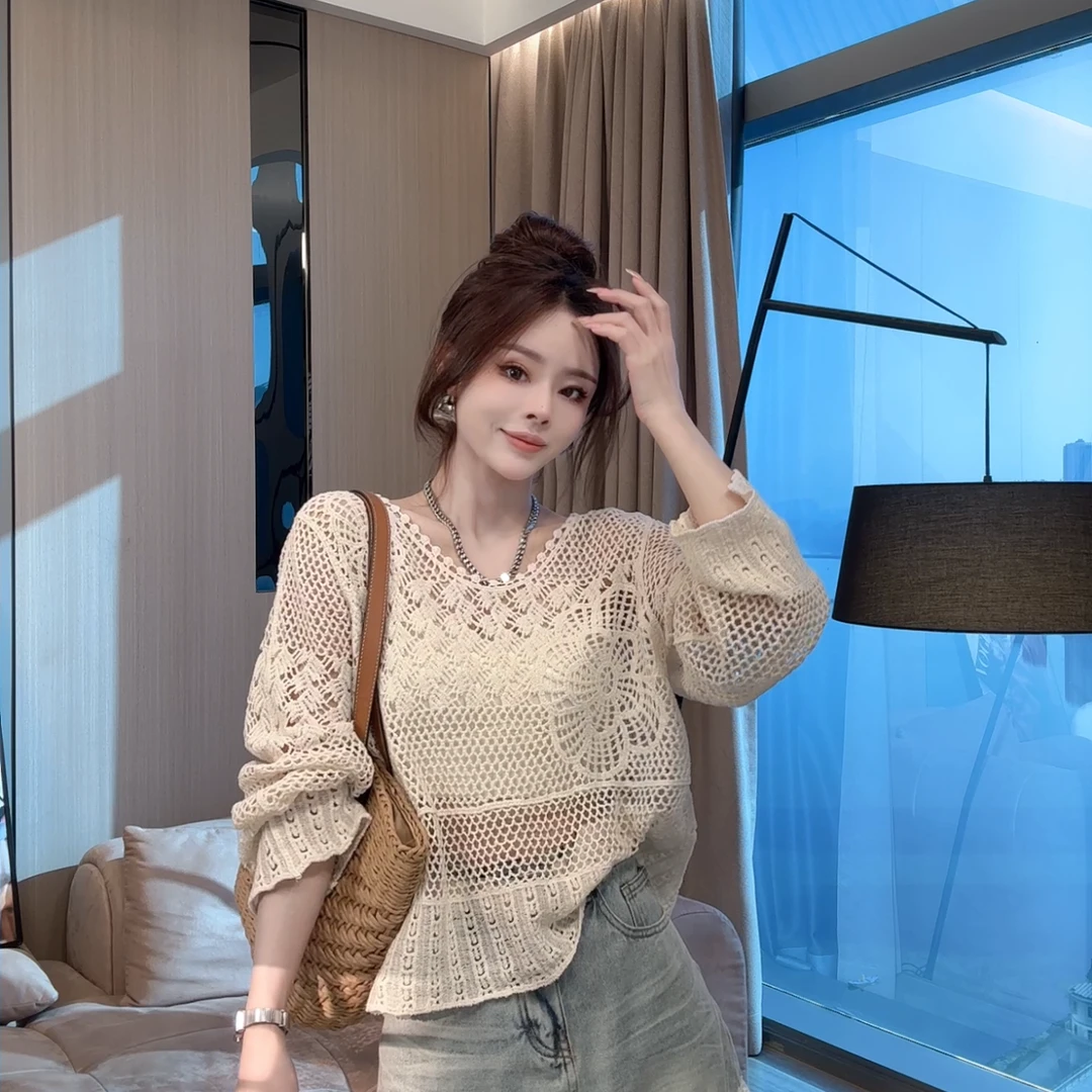 【晓溪服饰】春季新款时尚百搭显瘦收腰长袖法式镂空针织衫女693