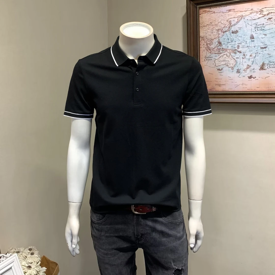 2025夏季纯色条纹翻领POLO衫休闲韩版简约修身百搭潮流短袖T恤帅