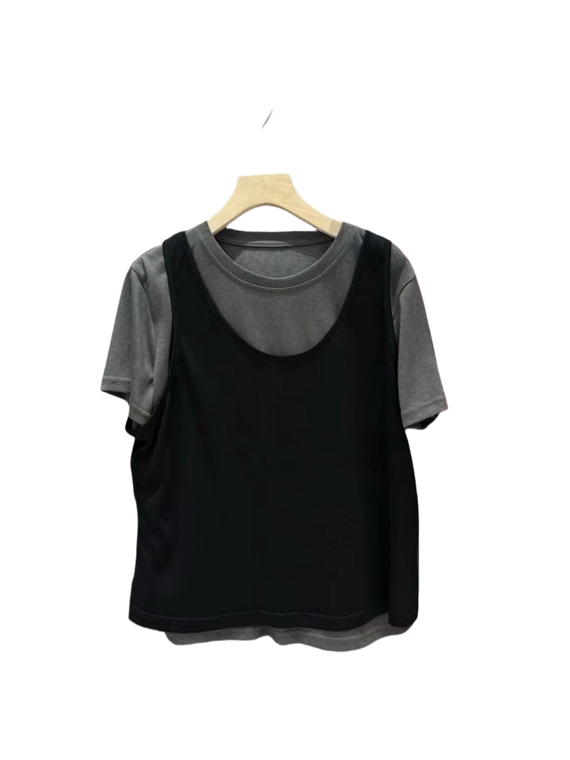 法式设计感小众撞色真两件正肩短袖t恤（真两件）