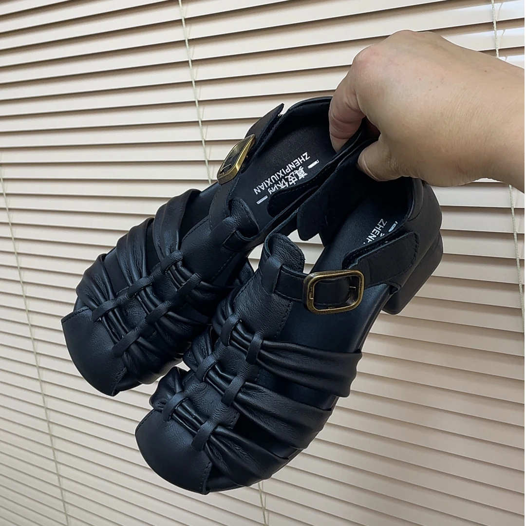 2025新款牛皮单鞋时装凉鞋镂空粗跟夏季方头女编织黑色复古低跟