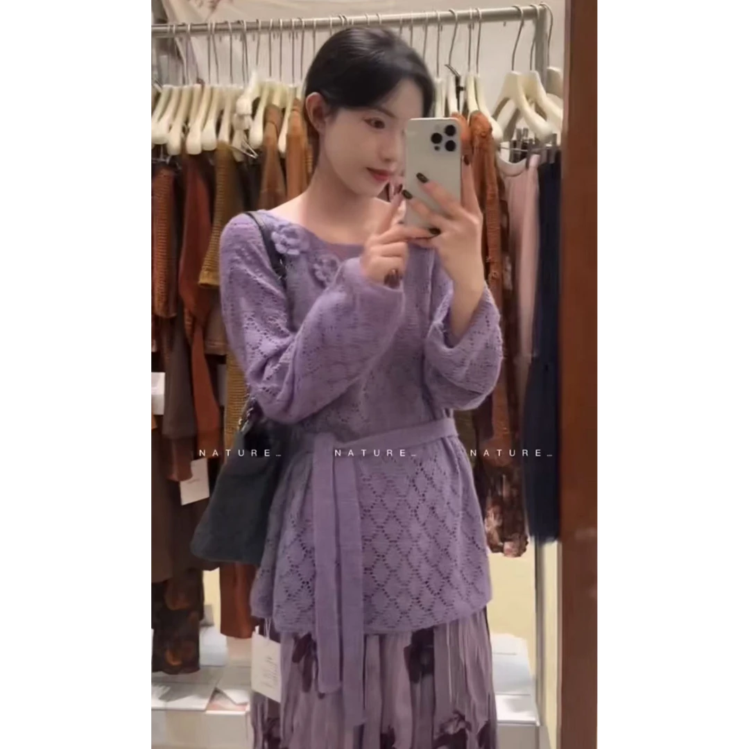 花朵镂空针织时尚圆领厚款毛针织衫花朵气质女时尚套装-33
