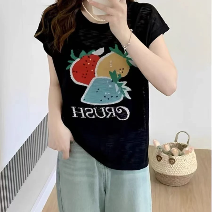 夏季薄款圆领宽松草莓提花时尚针织衫 衣长58 胸围54 DTY17