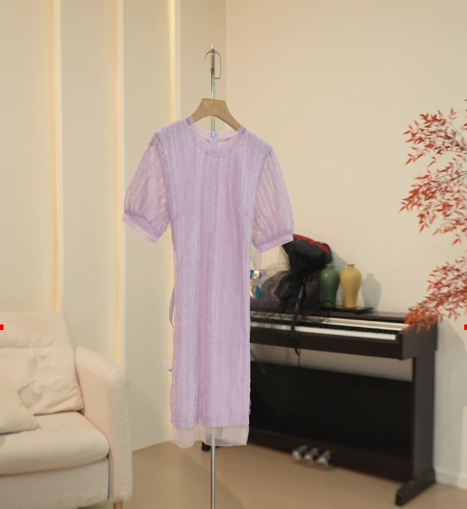 A132 魅力浅紫色重工蕾丝连衣裙女新夏 006D-F00