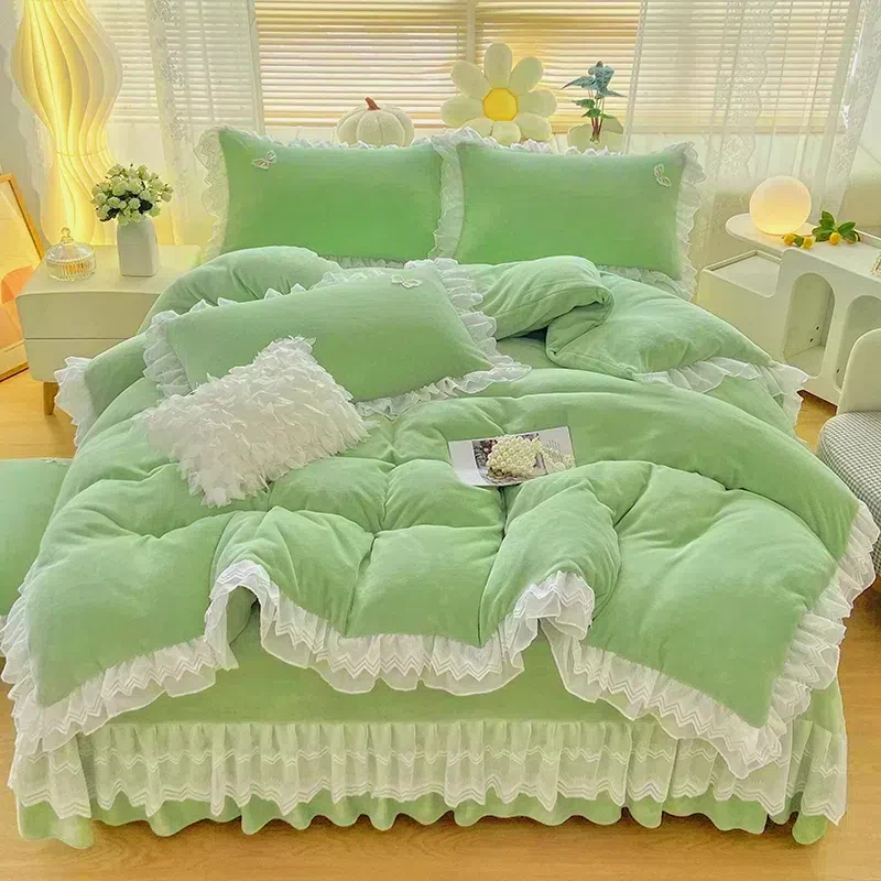加厚蕾丝花边牛奶绒四件套法式公主风高档双面绒纯色四件套抗静电