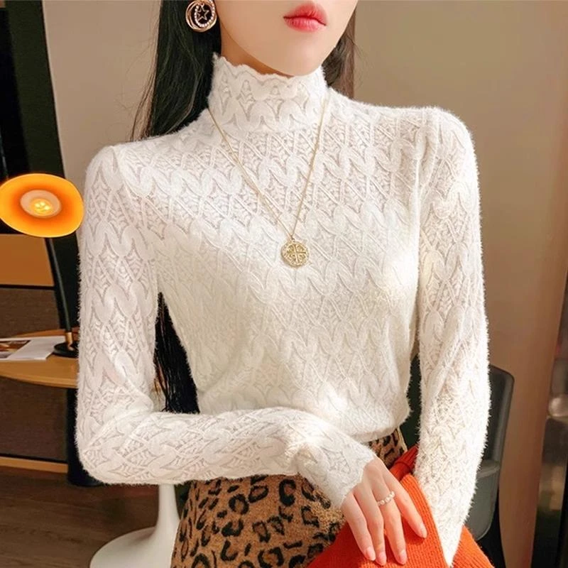 半高领蕾丝打底衫女内搭毛衣洋气秋冬季磨毛加厚加绒中领网纱上衣