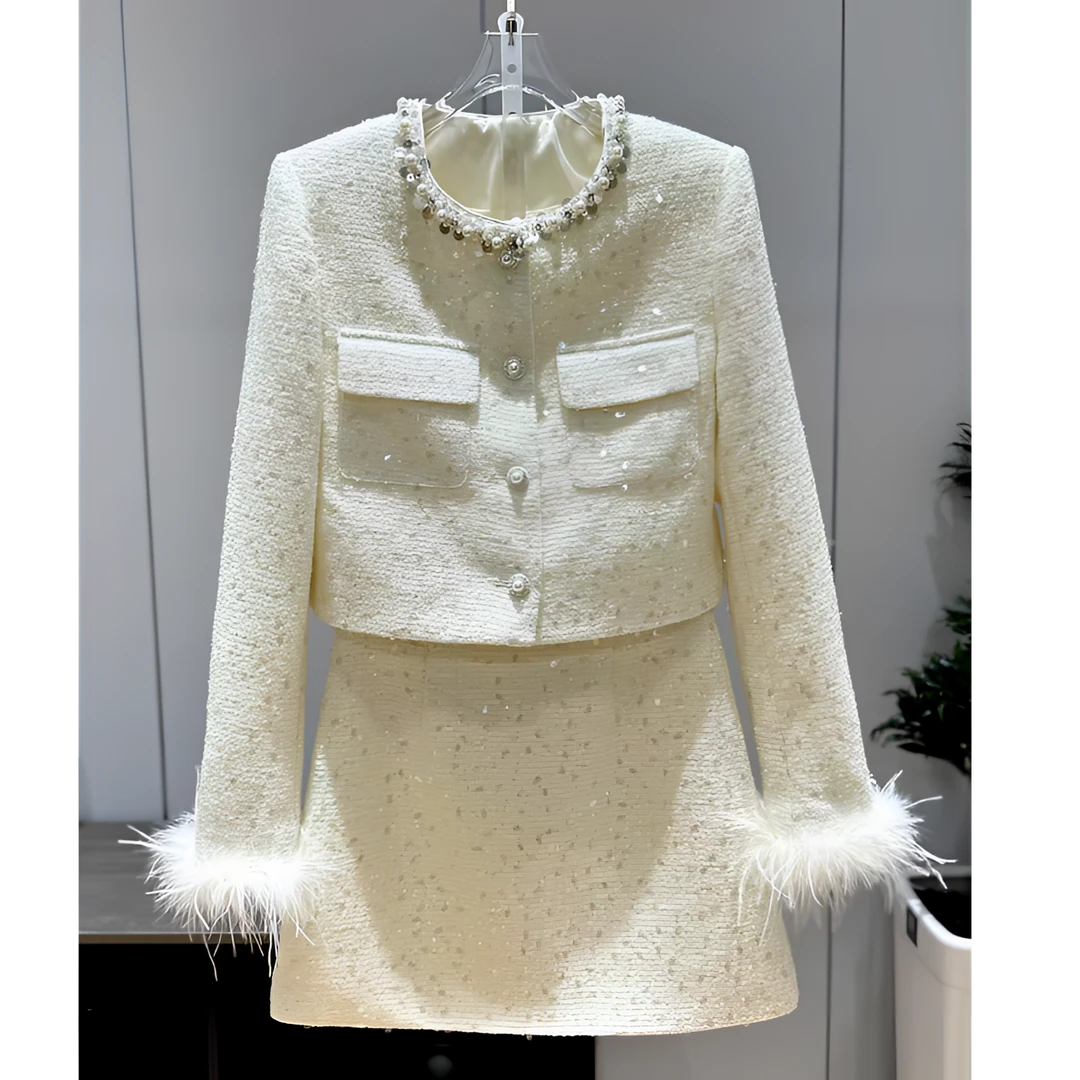 【现货】富家千金重工亮片小香风气质套装秋季短外套短裙两件套9954