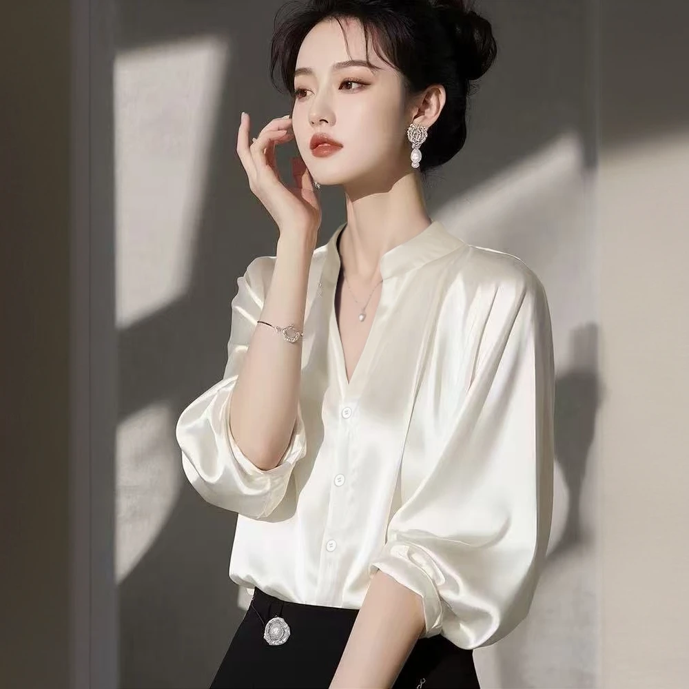缎面白色衬衫女夏季2025新款七分袖时尚宽松衬衣显瘦休闲薄款上衣