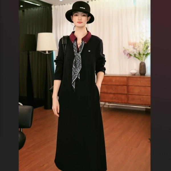 双面复合绒580g加绒加厚连衣裙+丝巾设计师私服新款休闲时尚长裙