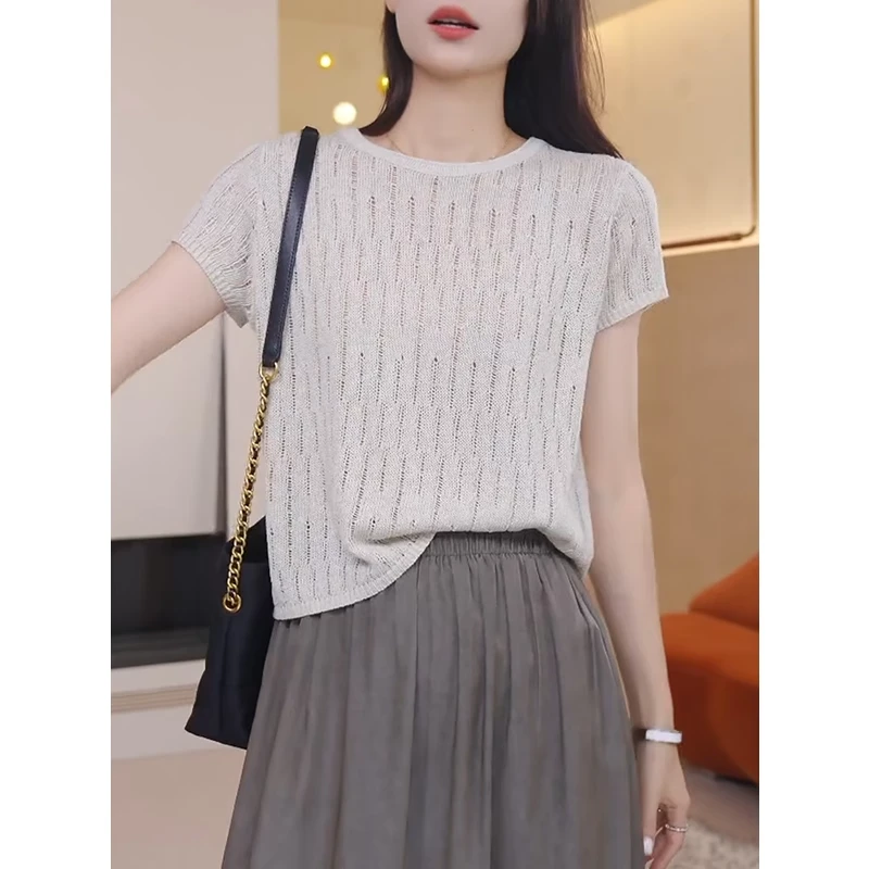 镂空冰丝短袖针织衫女2025夏季薄款新款圆领t恤休闲百搭短款上衣