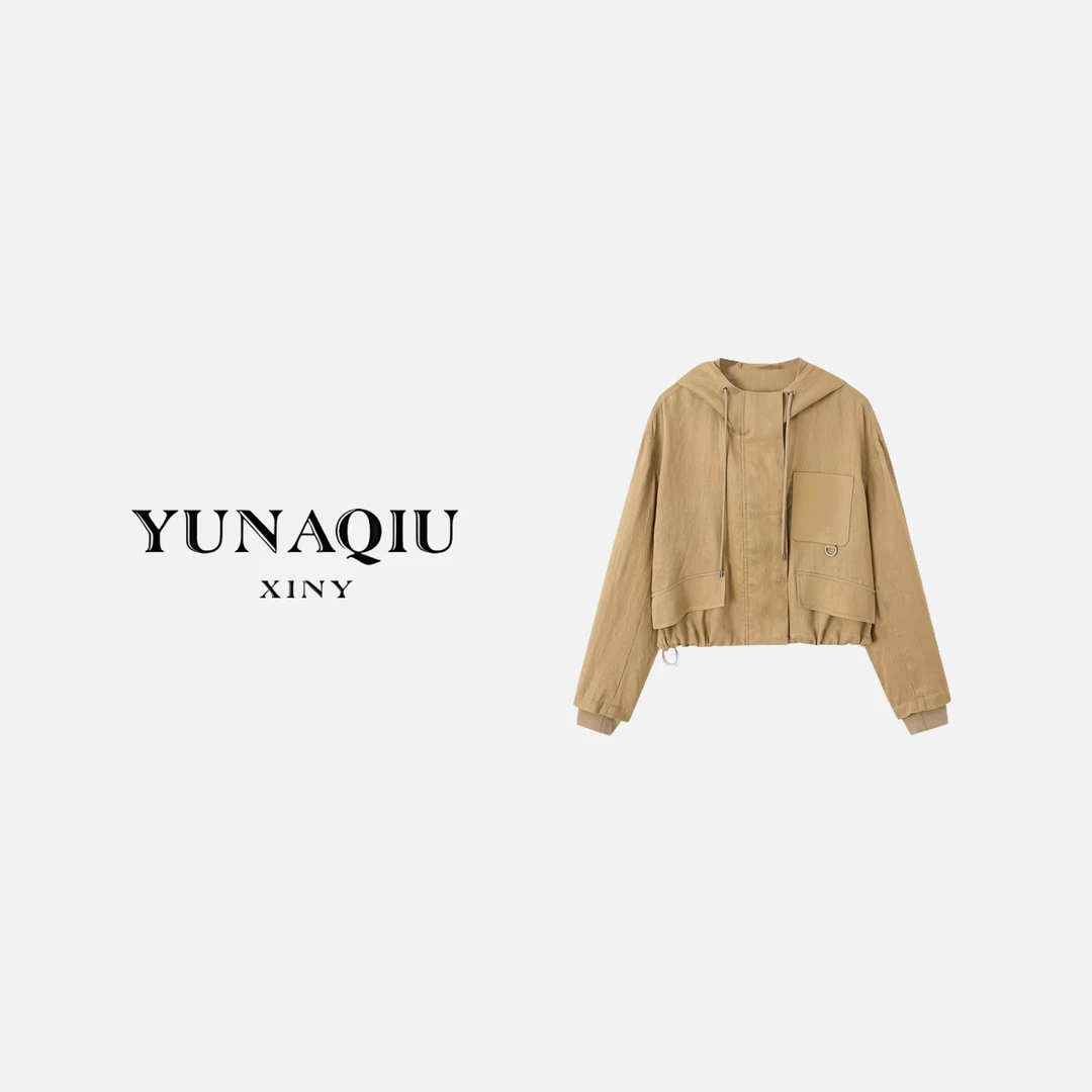 YUNAQIU 女士气质短款时尚休闲百搭连帽设计师外套-9849
