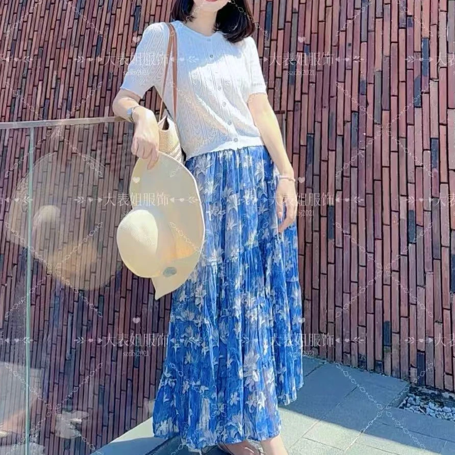 夏季飘逸褶皱大摆碎花裙半身裙804