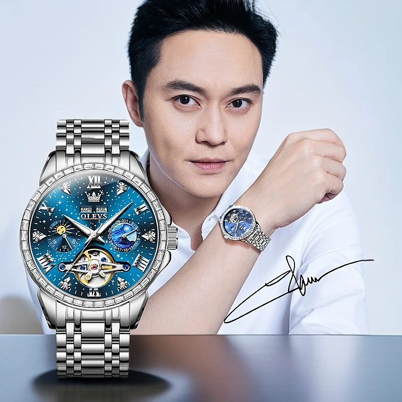 OLEVS/欧利时男士机械表全自动镂空防水商务休闲腕表潮流钢带手表