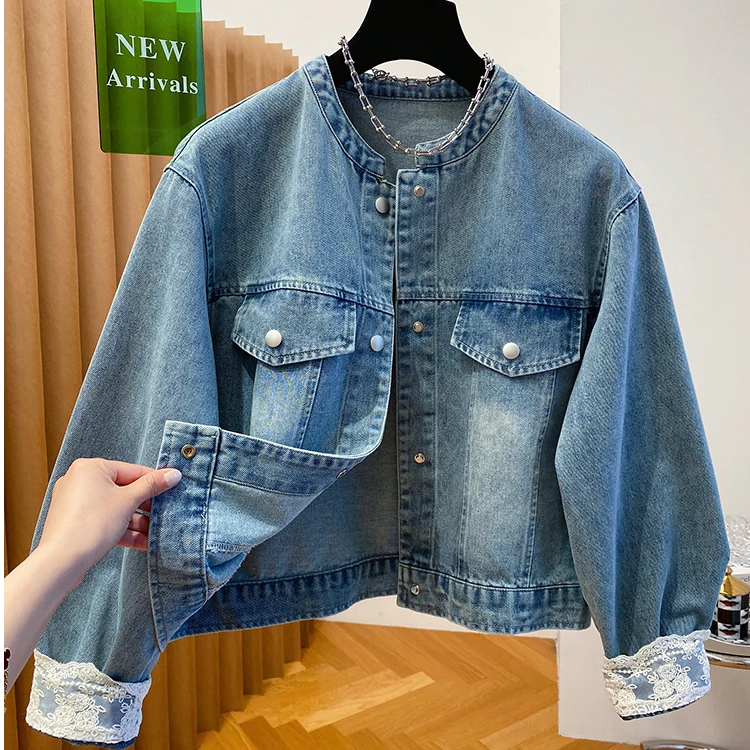 欧货蕾丝拼接牛仔外套女春秋2025新款韩版宽松休闲短款无领牛仔衣