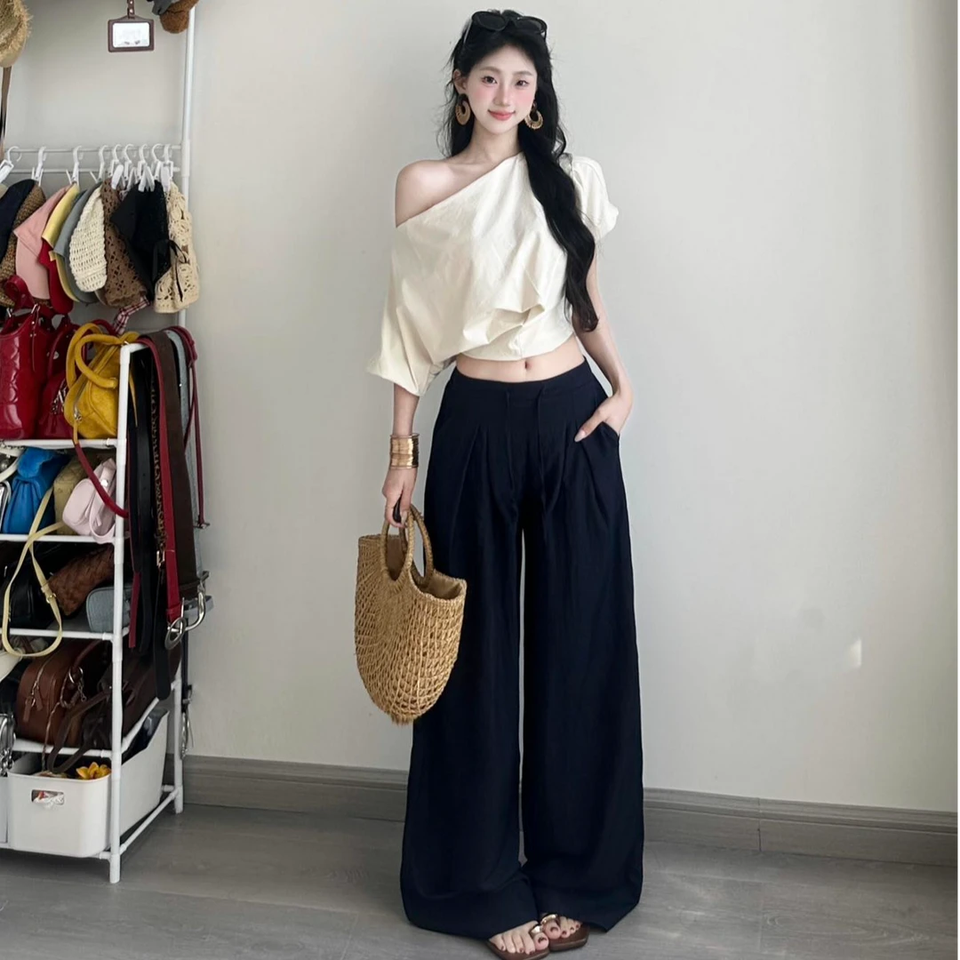 韩系纯欲休闲百搭设计感露肩短袖T恤女装夏季设计感独特别致上衣