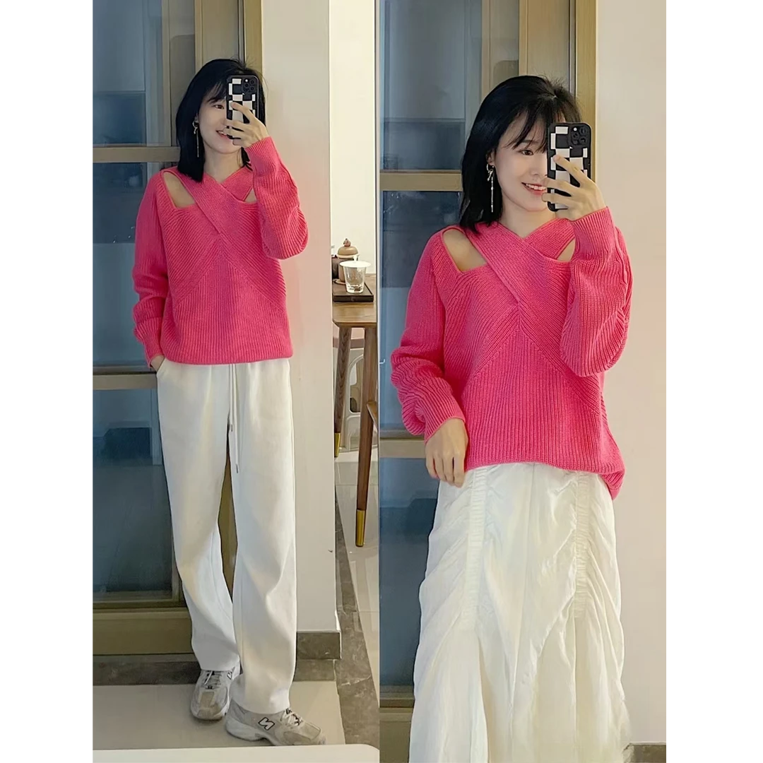 粉色毛衣女秋冬新款针织衫套头开叉镂空宽松春秋