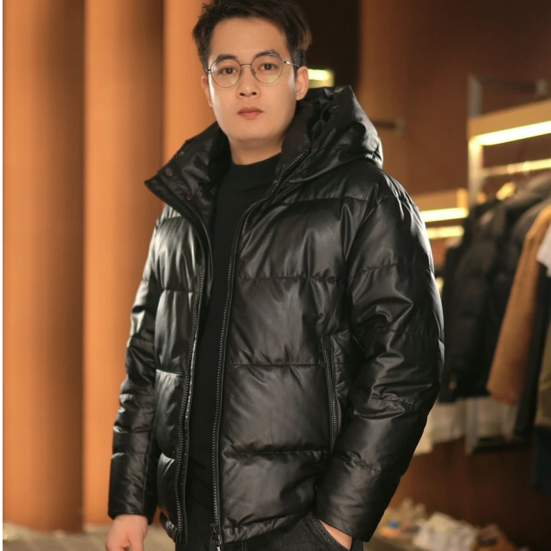 冬季新款鹅绒内胆牛皮衣羽绒面包服真皮夹克男休闲百搭