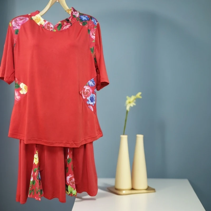 【71号】半袖印花打鼓服秧歌套裙演出舞台服广场舞裙中式套裙