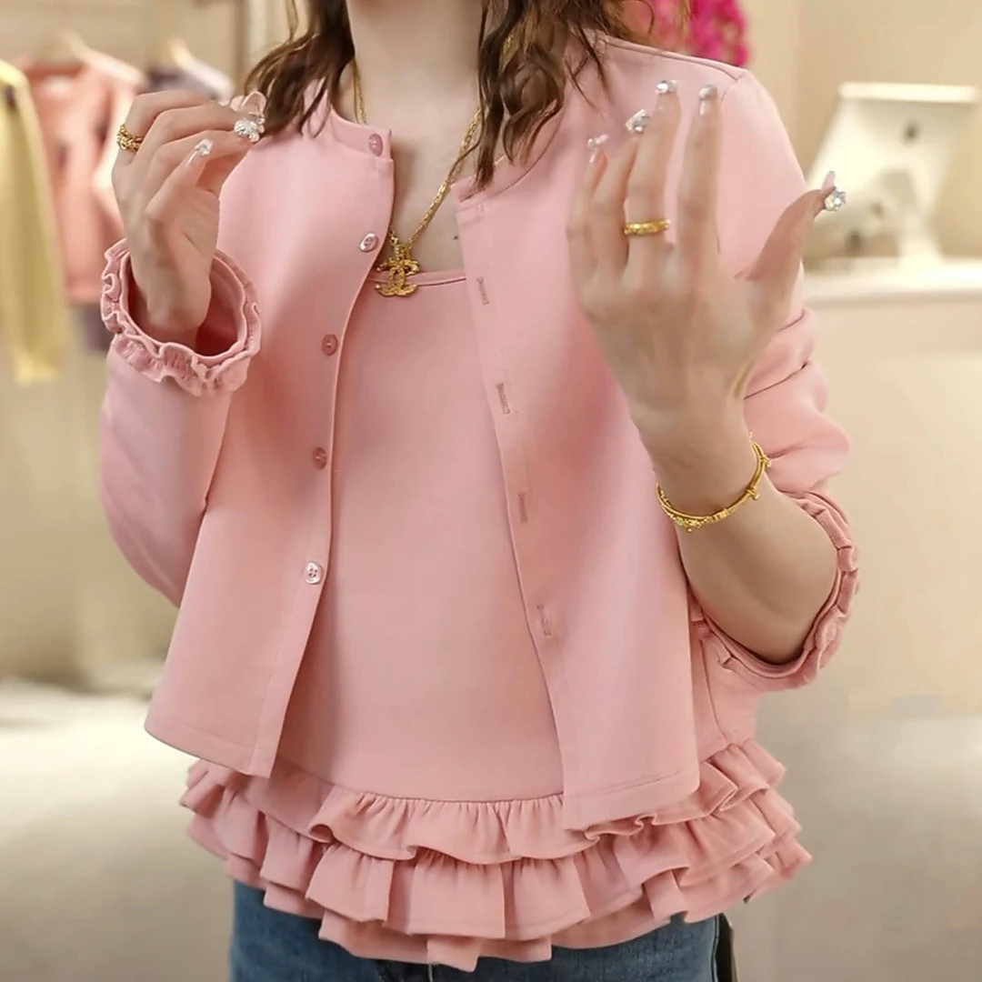 设计感吊带花瓣真两件套开衫小香外套女2025春款小香风长袖衬衫