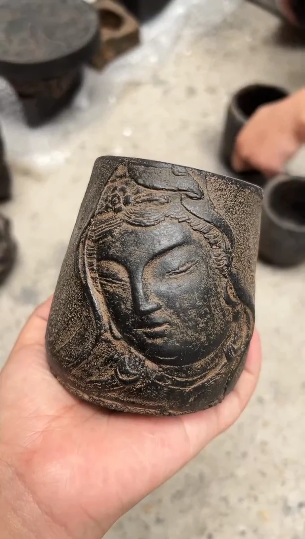 陶土西方三圣--观音笔筒【已打孔】
