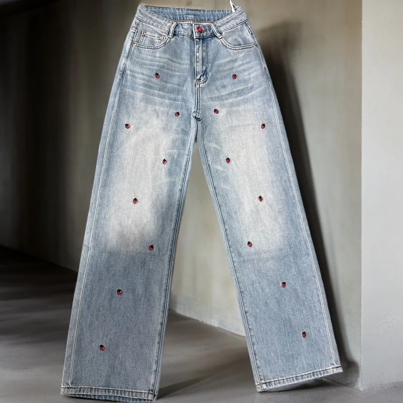 33361蓝色草莓钉珠贴片气质百搭休闲直筒牛仔裤