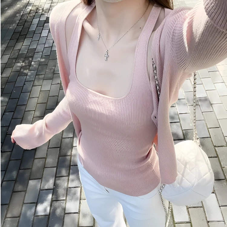 2025秋季新款设计感纯欲长袖针织开衫内搭挂脖背心高腰牛仔裤套装