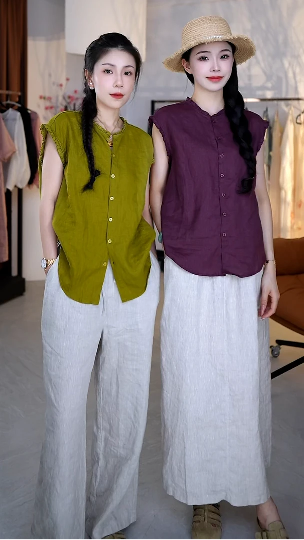 【小纯专属】100%纯亚麻V领木耳边小飞袖夏季透气纯色百搭衬衣