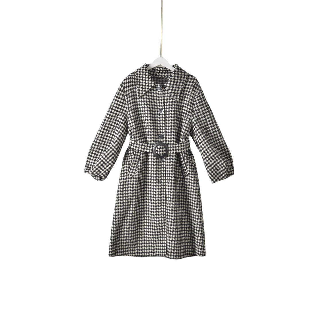 D【】WNC秋新款大衣女中长款修身羊毛呢外套A170黑格大两码