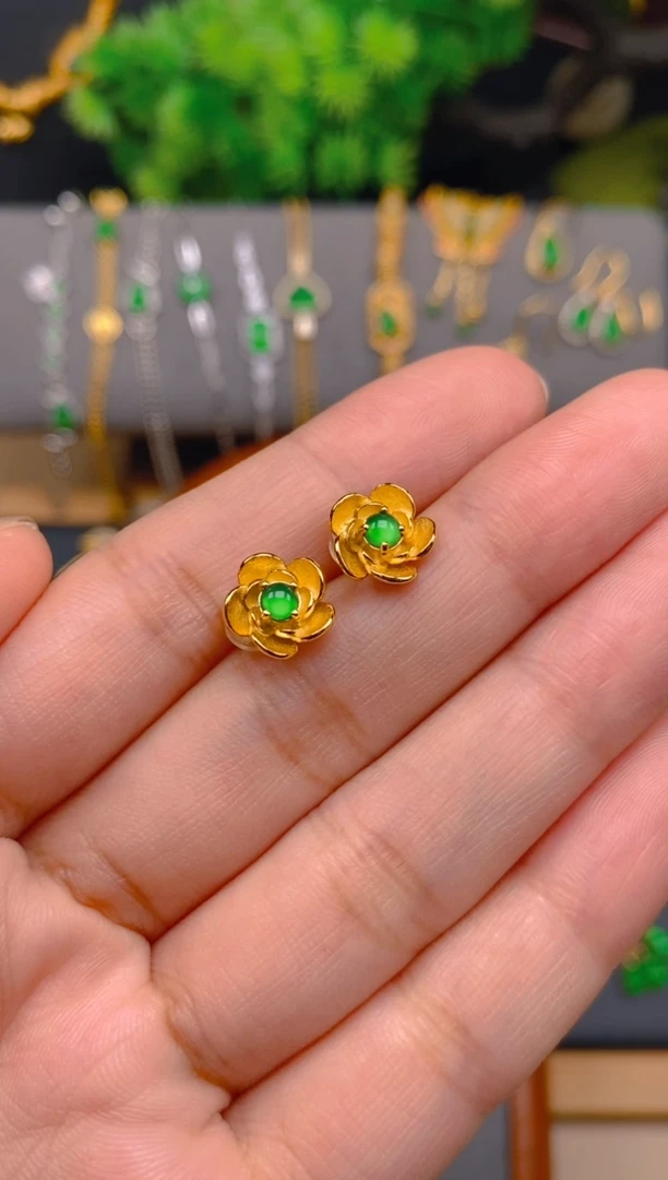 银S925镶嵌翡翠耳饰花朵耳饰
