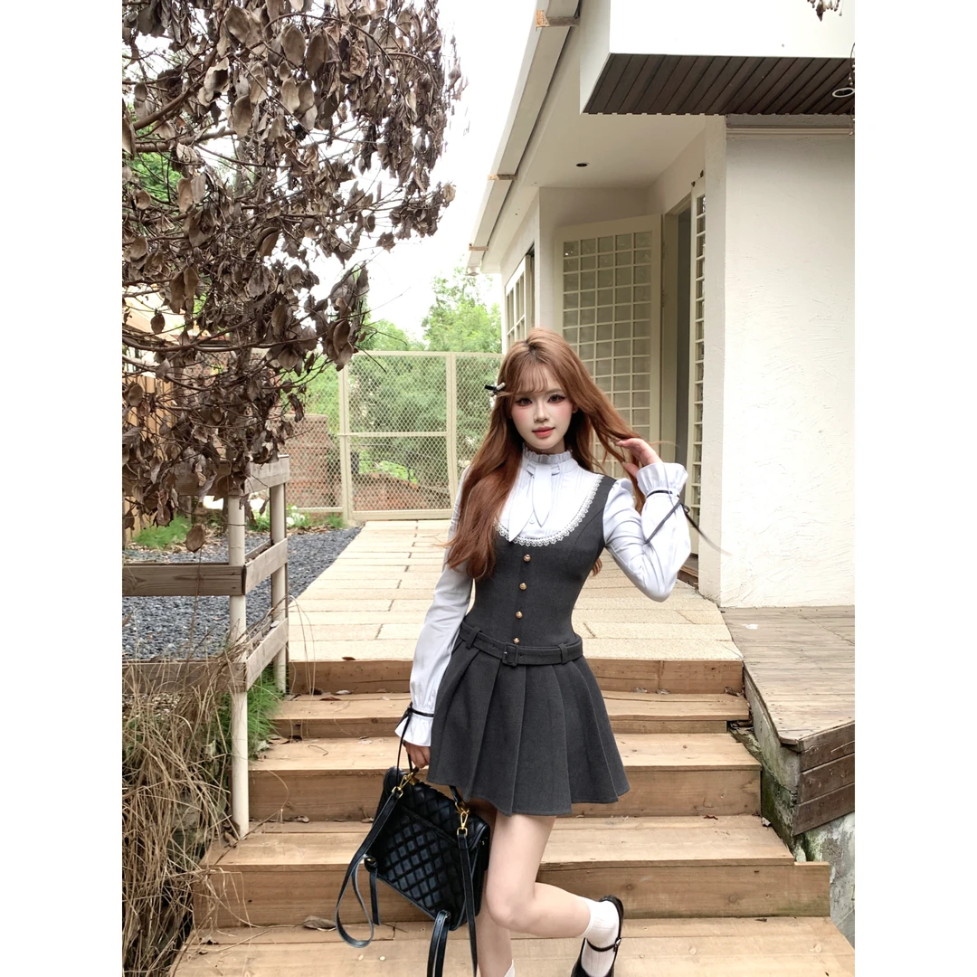 越韩小鱼 苏黎艺术生 法式千金学院风呢子百褶裙转色假两件连衣裙