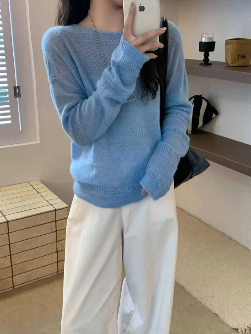 丽丽家~山羊绒蓝130g长袖网红时尚百搭圆领宽松纯色上衣657