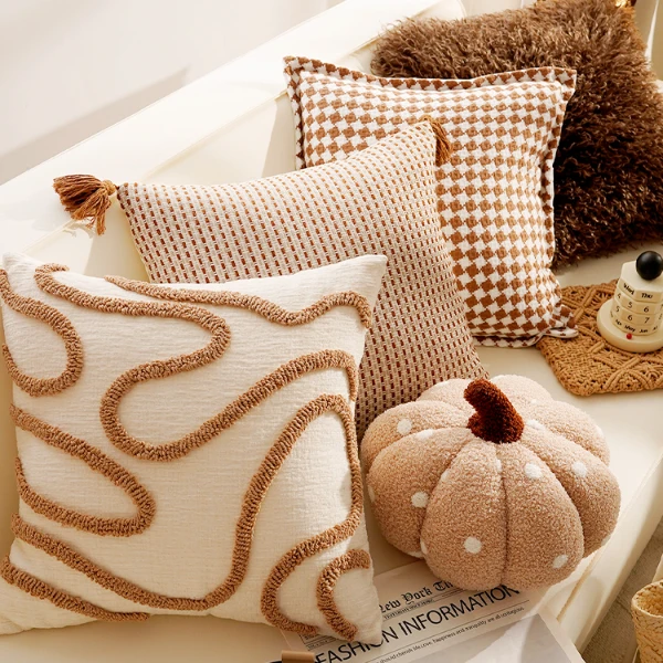 侘寂风暖棕抱枕北欧ins纹理客厅沙发靠枕飘窗靠垫卧室床头抱枕套