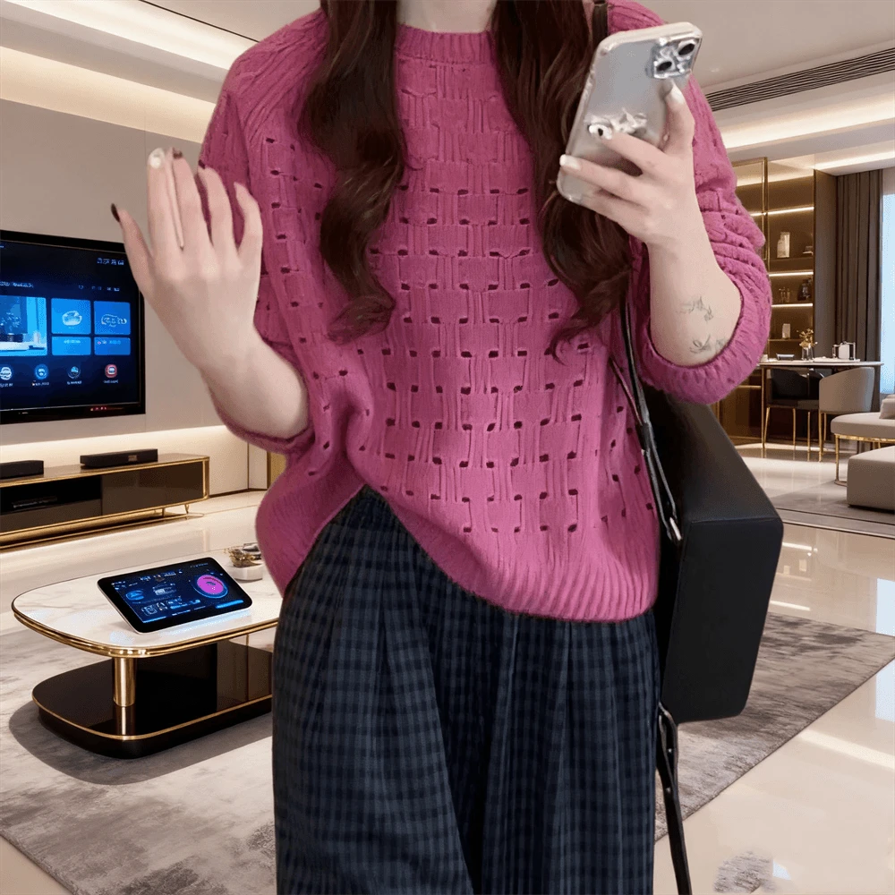 2025早秋新款羊绒衫打底衫棱形格毛衣长袖女百搭圆领加厚羊毛上衣