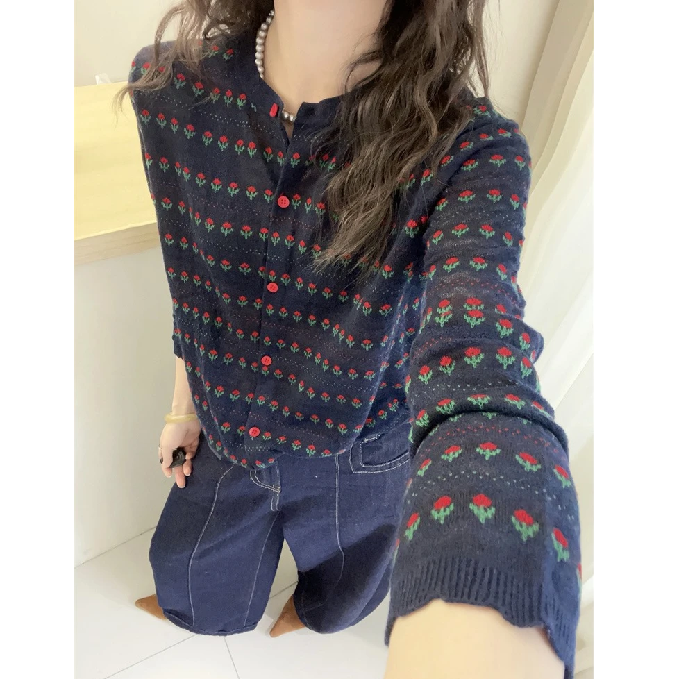 【蜜爷家】秋季韩系撞色小花朵毛衣开衫