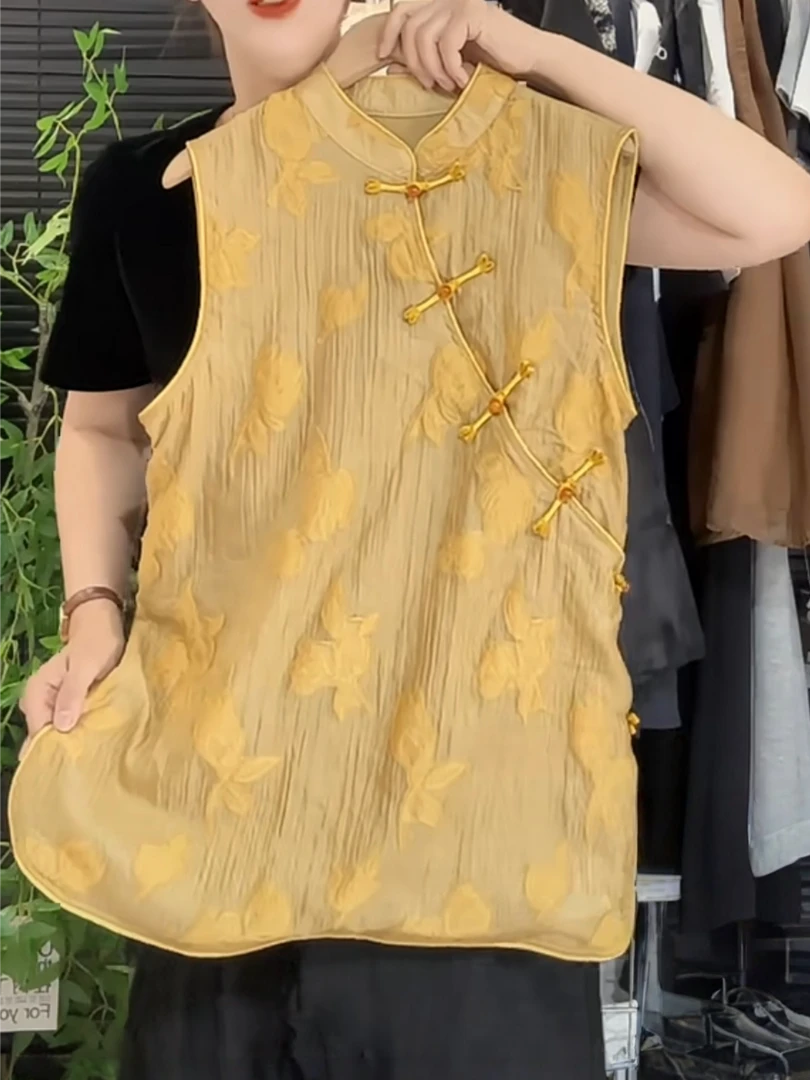 夏季新款时尚3D刺绣无袖国风上衣立领斜盘扣开叉减龄宽松显瘦衬衫