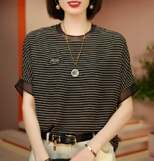 25年夏季新款透气时百搭圆领洋气印花上衣圆领显瘦短袖