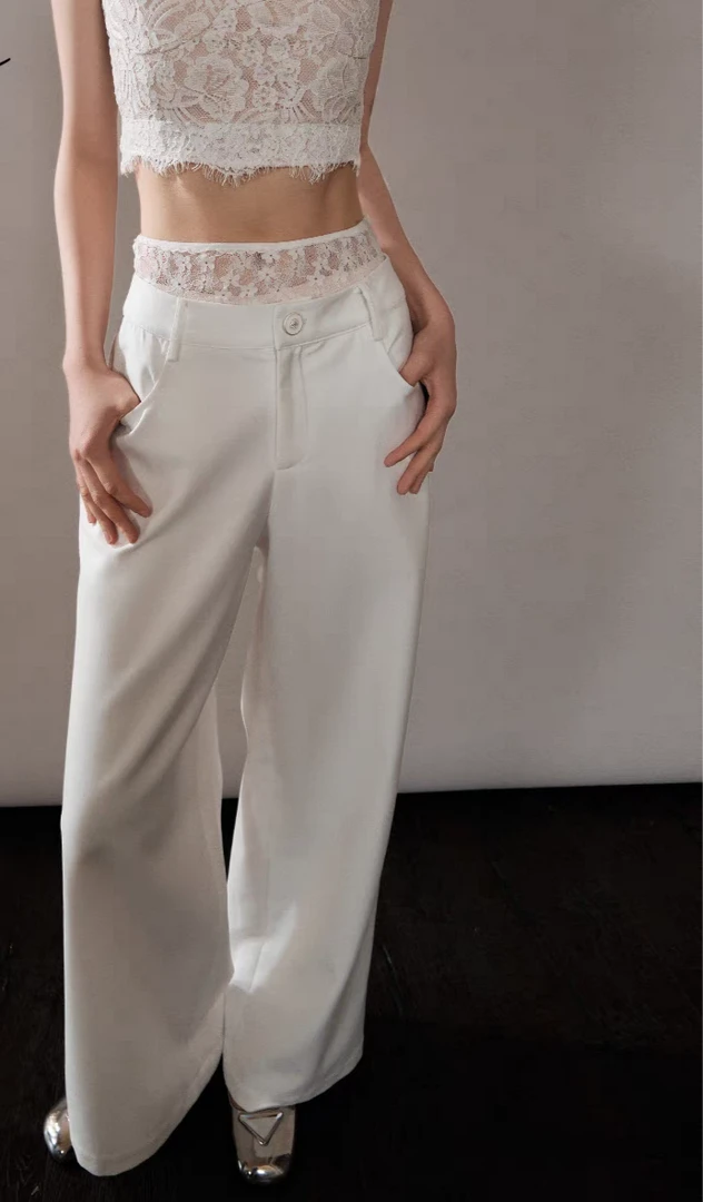 时尚潮流夏季新款蕾丝腰头抖抖西装裤6036