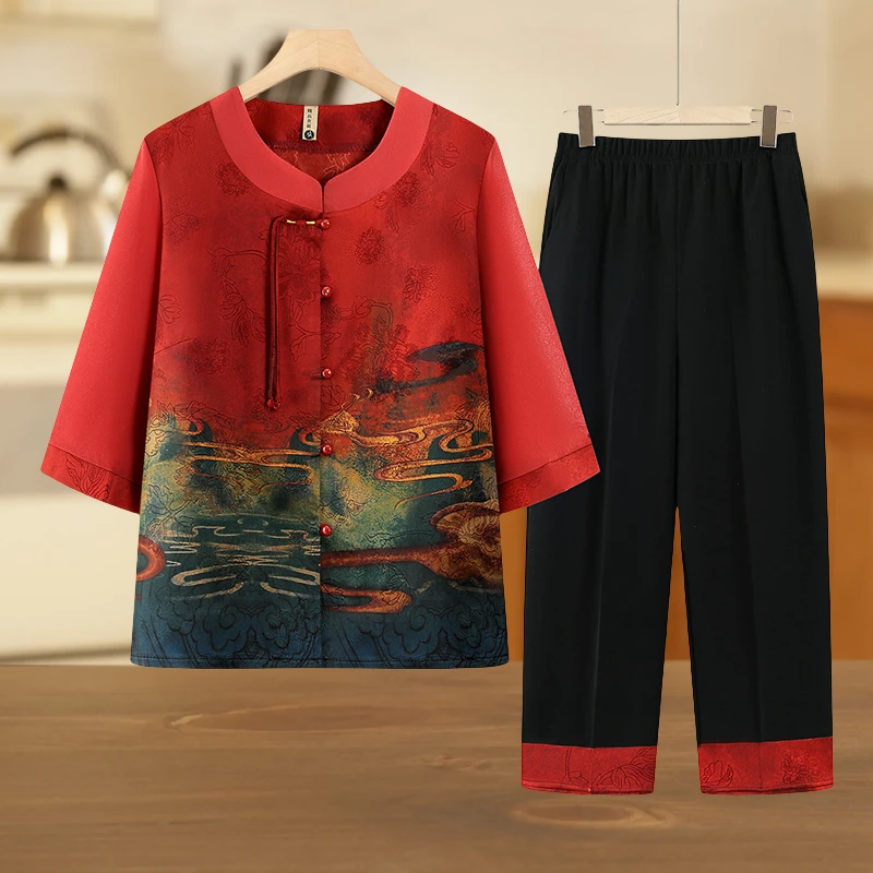 奶奶夏装衬衫中老年人女妈妈夏季衬衣套装老太太宽松两件套薄上衣