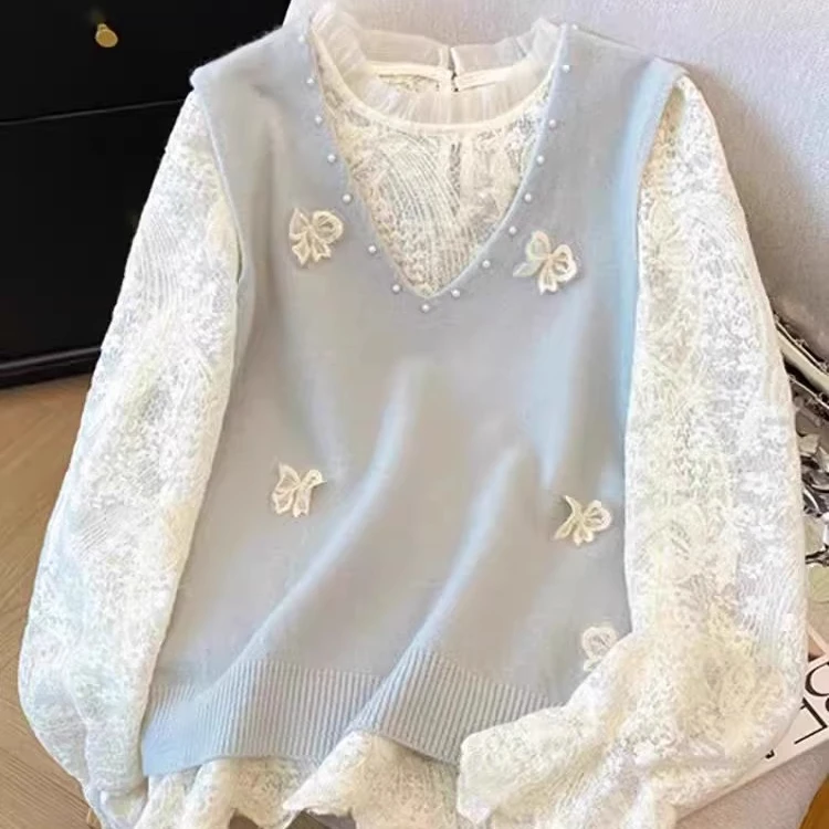 背心女韩系重工蝴蝶v领钉珠马甲早春新款慵懒风宽松显瘦叠穿上衣