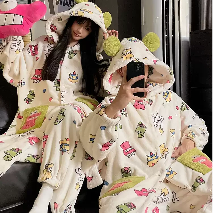 情侣睡袍睡衣女秋冬季小鳄鱼珊瑚绒加绒加厚男士法兰绒冬天家居服