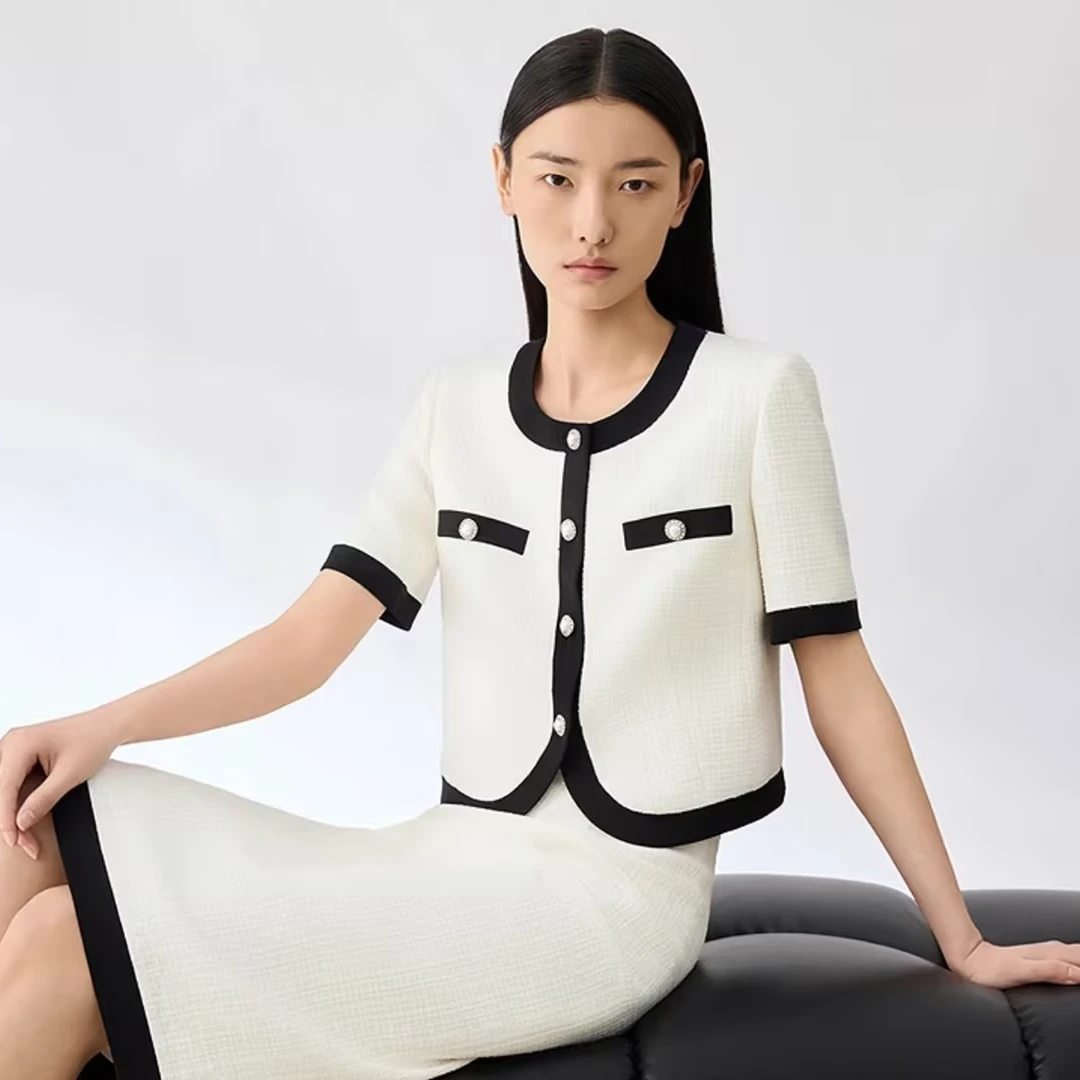 LANCY/朗姿【专柜同款】夏季新款法式撞色短袖小香风外套女短款