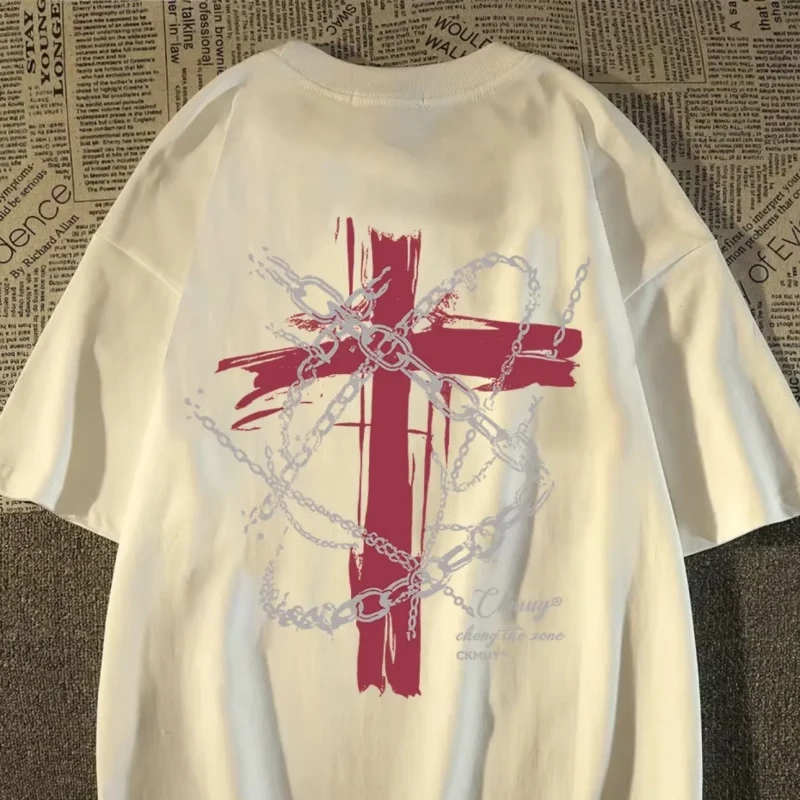 纯棉圆领小众夏季纯色印花短袖T恤复古国潮港风半袖潮流情侣装ins