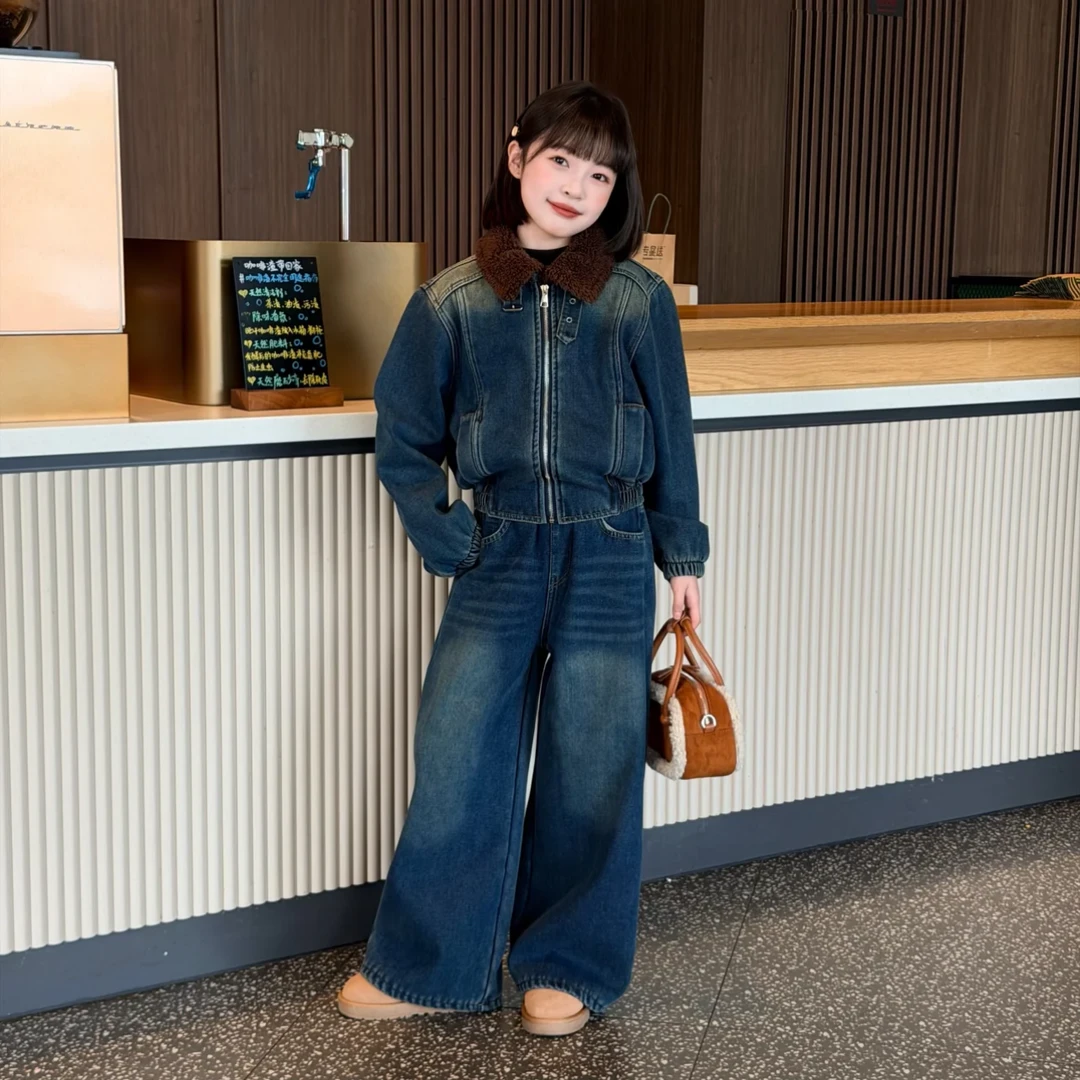 女童加绒牛仔套装2026新款女大童儿童潮酷机车风牛仔衣外套阔腿裤