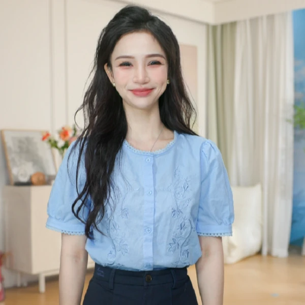 【茵曼服装】茵曼刺绣薄款衬衫宽松短袖衬衣W18529057