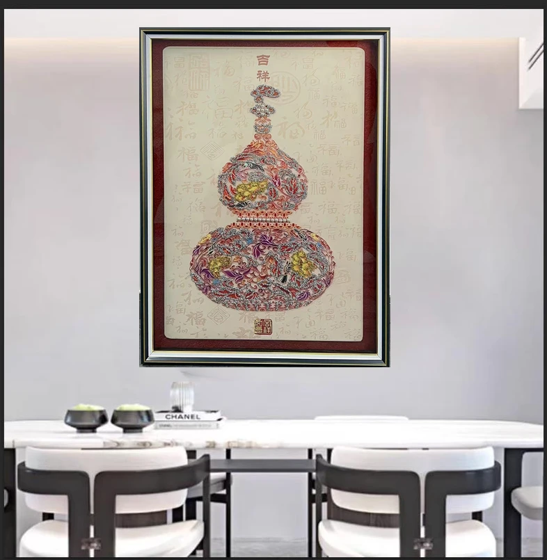 Q288葫芦时尚餐厅客厅轻奢挂画钢化玻璃装裱实物鎏金画装饰画