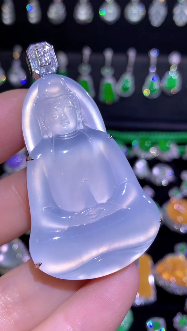 颈饰18K金镶嵌翡翠高冰玻茅台白吊坠毛衣链一刀切后盖可拆卸