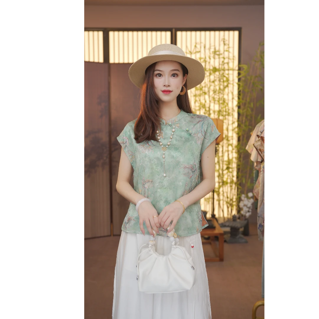 CJ 【青青】新中式2025夏季气质百搭提花立领短袖上衣女YY25071005