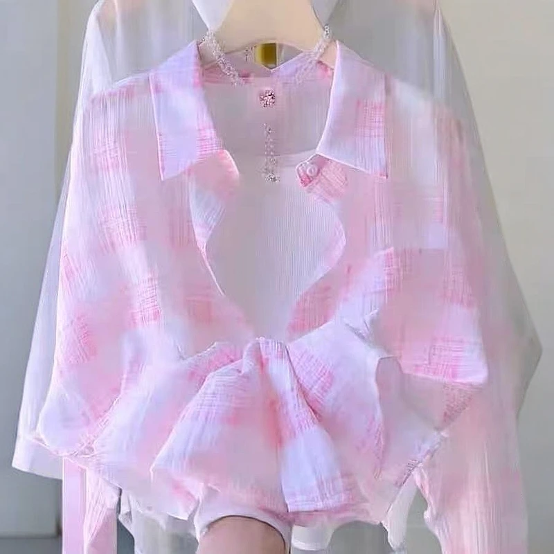 法式透气格子上衣女装夏季新款薄款甜美女生韩系ins衣服防晒衬衫