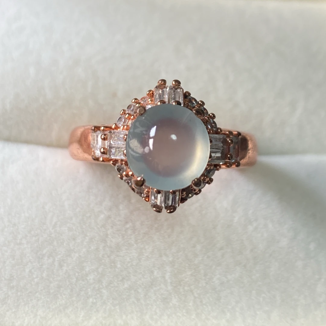 0104（小月源头）高冰玻璃种翡翠种白冰铜托戒面干净饱满杠味荧光足