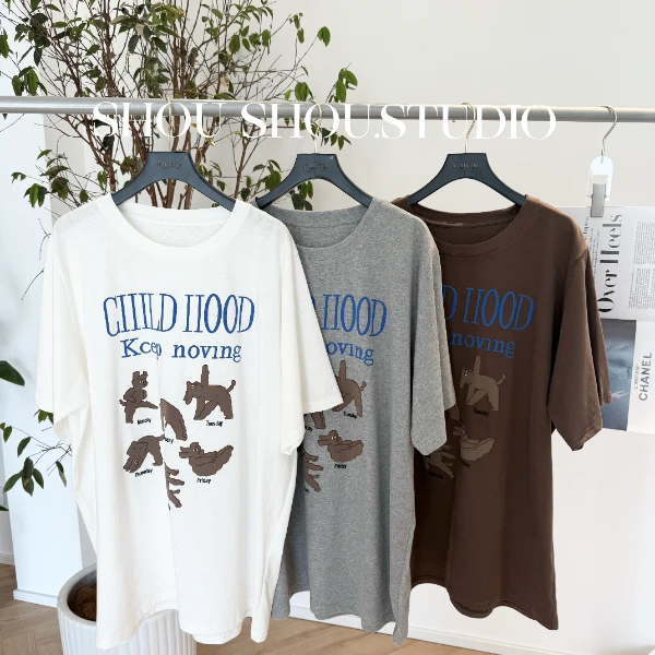 【瘦瘦】一周小熊-大码夏季圆领全棉泡泡印花宽松百搭短袖S01524