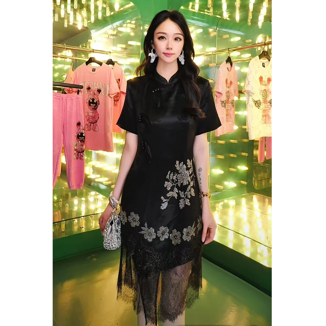 TCH轻奢烫钻工艺提花气质显瘦新中式连衣裙女T75A30M9031私服tch